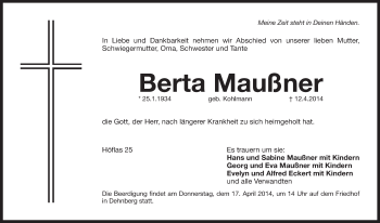 Traueranzeige von Berta Maussner von Pegnitz-Zeitung